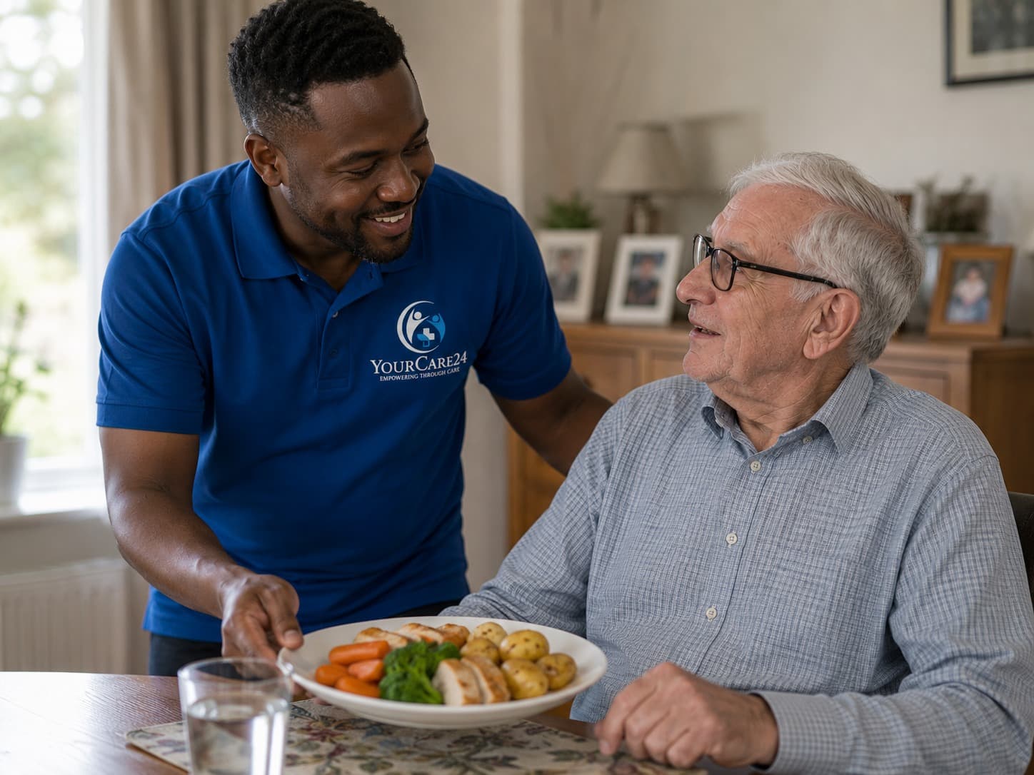 A YourCare24 caregiver sharing a meal and a warm moment with the person they support